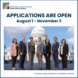 Text reads: Applications are Open August 1-November 3. Photo shows seven people in professional wear standing in front of the US Capitol
