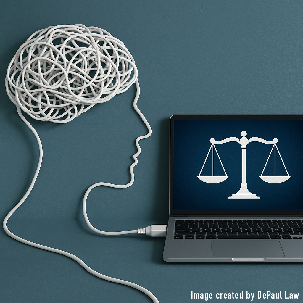 Wires in the shape of a head in profile connect to a Mac laptop with the scales of justice on the screen